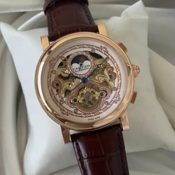 Cartier-Tourbillon (Automatic Watch) – White Skeleton Dial / Brown Strap