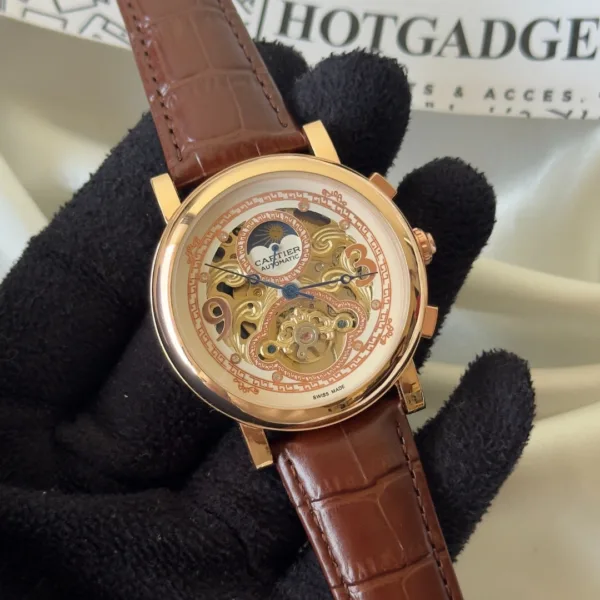 Cartier-Tourbillon (Automatic Watch) – White Skeleton Dial / Brown Strap