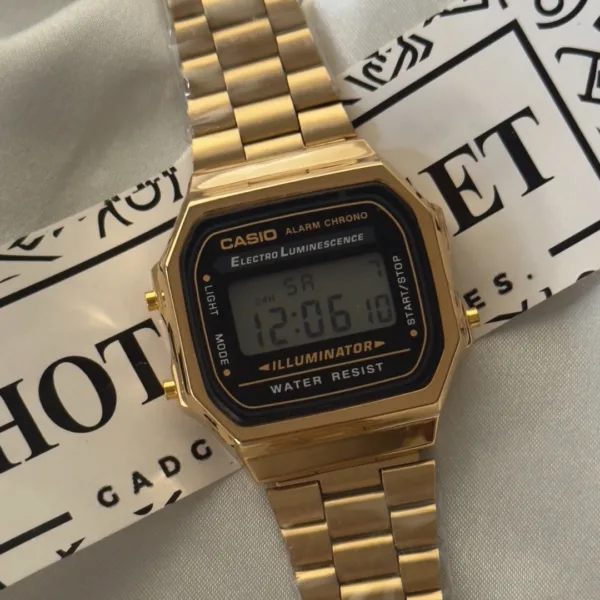 Vintage A168 Unisex (Digital Watch) – Black Dial / Gold Strap