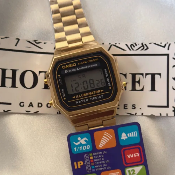 Vintage A168 Unisex (Digital Watch) – Black Dial / Gold Strap