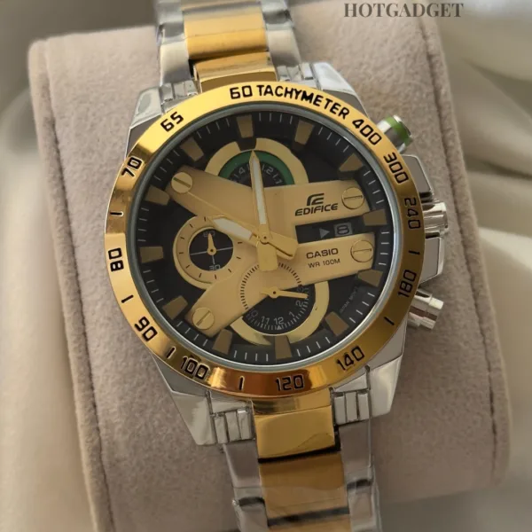 Edifice-ED426 (Chronograph Watch) – Black & Gold Dial / Silver & Gold Strap