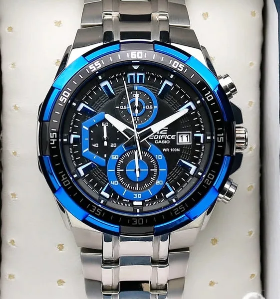 Edifice-EFR-539 (Chronograph Watch) – Black & Blue Dial / Silver Strap