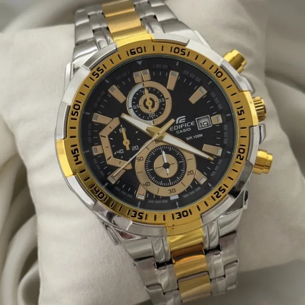 Edifice-EFR-539 (Chronograph Watch) – Black Dial / Silver & Gold Strap