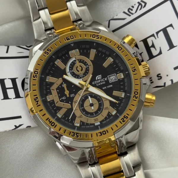 Edifice-EFR-539 (Chronograph Watch) – Black Dial / Silver & Gold Strap