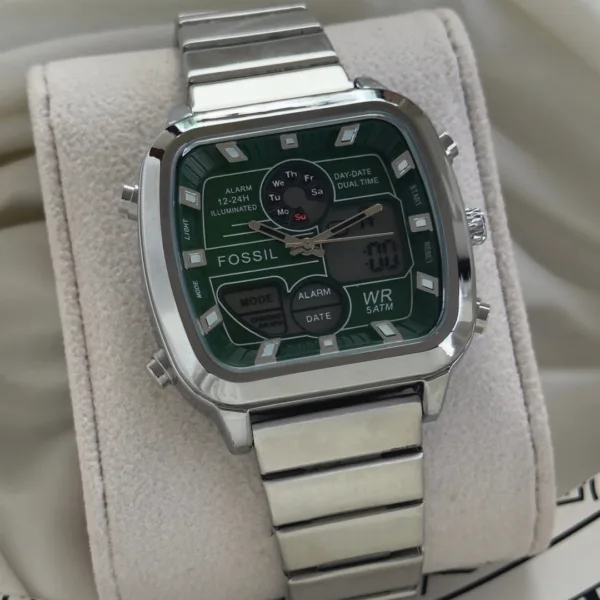 Fossil (Analog-Digital Watch) – Dark Green Dial / Silver Strap