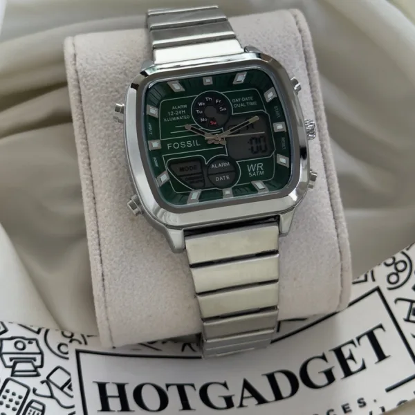 Fossil (Analog-Digital Watch) – Dark Green Dial / Silver Strap