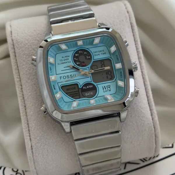 Fossil (Analog-Digital Watch) – Mint Blue Dial / Silver Strap