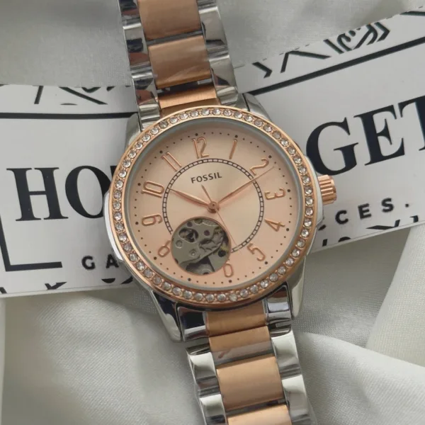 Fossil-Architect (Automatic Watch) – Rose Gold Dial / Rose Gold & Silver Strap