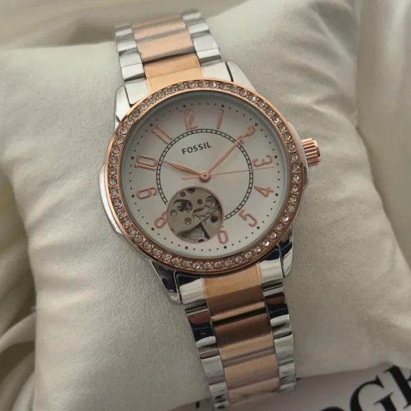 Fossil-Architect (Automatic Watch) – White Dial / Rose Gold & Silver Strap