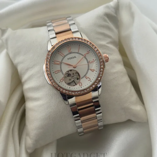 Fossil-Architect (Automatic Watch) – White Dial / Rose Gold & Silver Strap