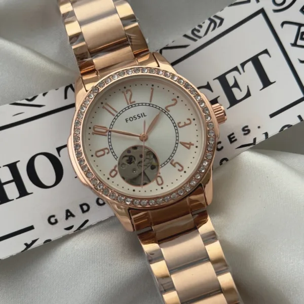 Fossil-Architect (Automatic Watch) – White Dial / Rose Gold Strap
