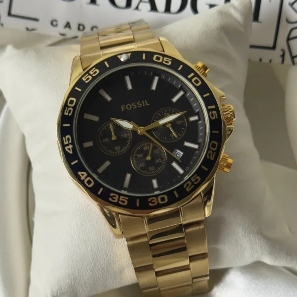 Fossil-BQ2492B (Chronograph Watch) – Black Dial / Gold Strap