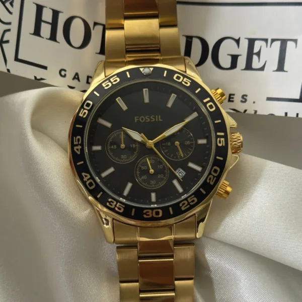 Fossil-BQ2492B (Chronograph Watch) – Black Dial / Gold Strap