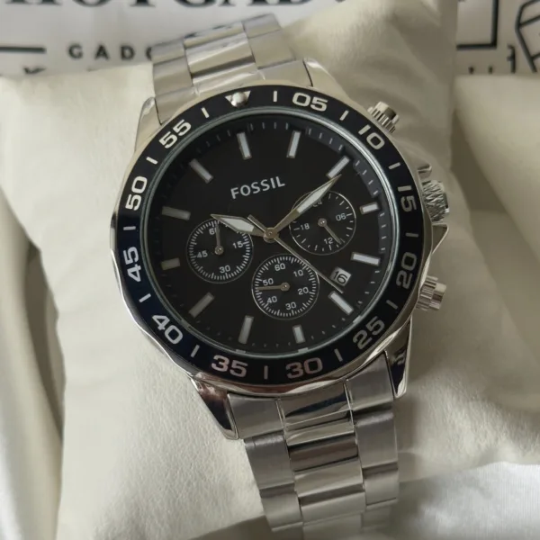 Fossil-BQ2492B (Chronograph Watch) – Black Dial / Silver Strap – Black Bezel