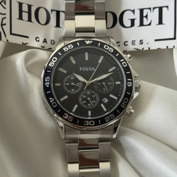 Fossil-BQ2492B (Chronograph Watch) – Black Dial / Silver Strap – Black Bezel