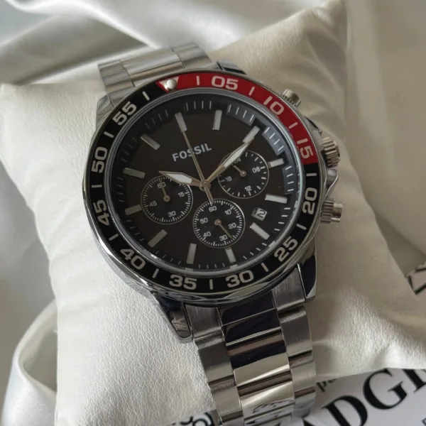 Fossil-BQ2492B (Chronograph Watch) – Black Dial / Silver Strap – Red Bezel