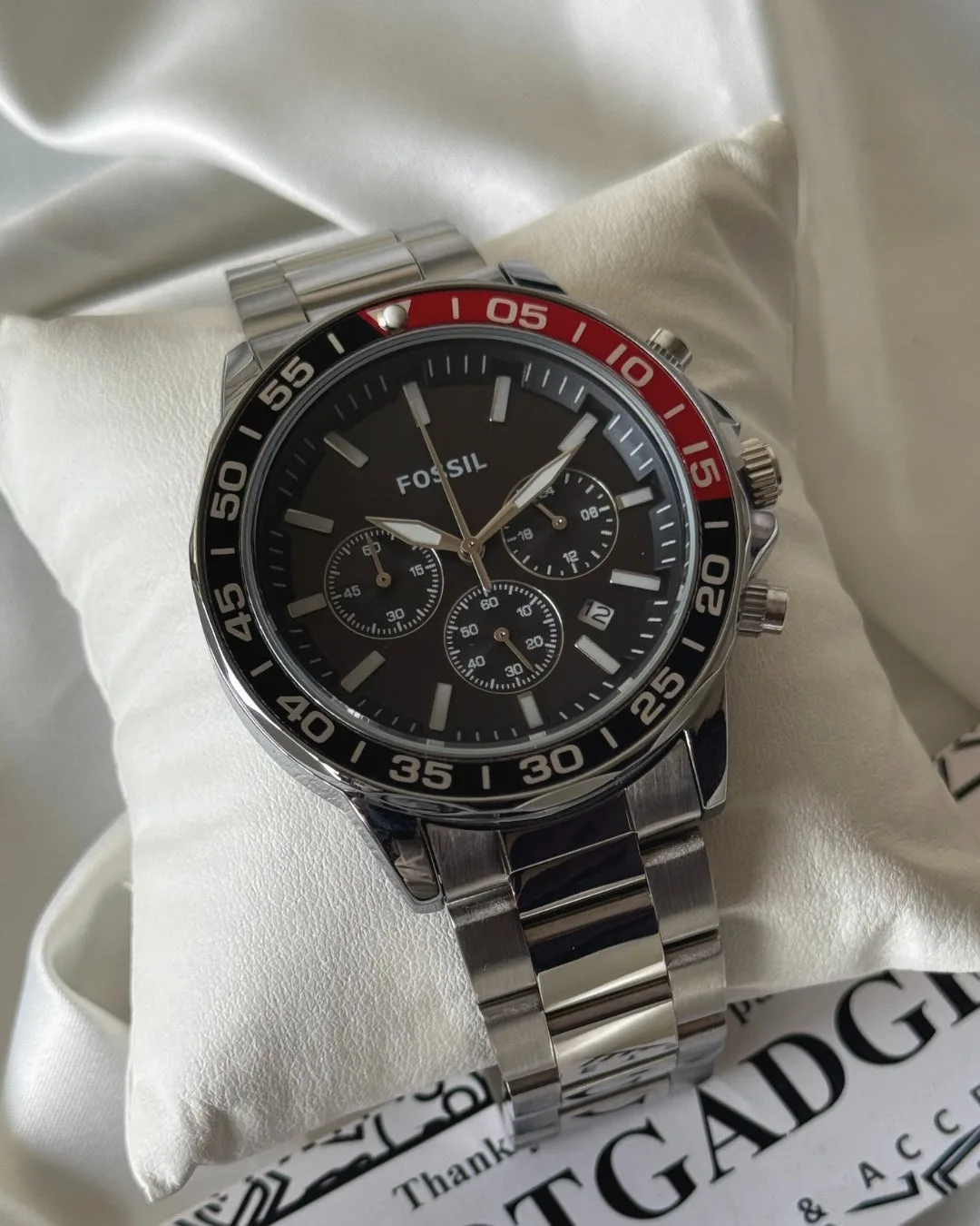 Fossil-BQ2492B (Chronograph Watch) Fossil-BQ2492B (Chronograph Watch) – Black Dial / Silver Strap – Red Bezel