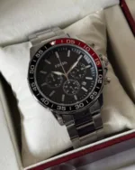 Fossil-BQ2492B (Chronograph Watch) – Black Dial / Silver Strap – Red Bezel