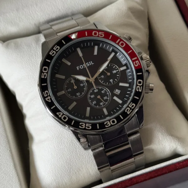 Fossil-BQ2492B (Chronograph Watch) – Black Dial / Silver Strap – Red Bezel