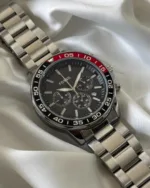 Fossil-BQ2492B (Chronograph Watch) – Black Dial / Silver Strap – Red Bezel