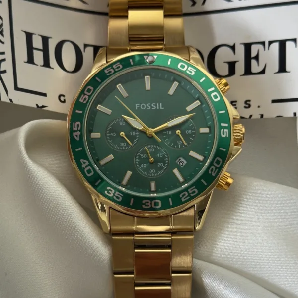 Fossil-BQ2492I (Chronograph Watch) – Green Dial / Gold Strap