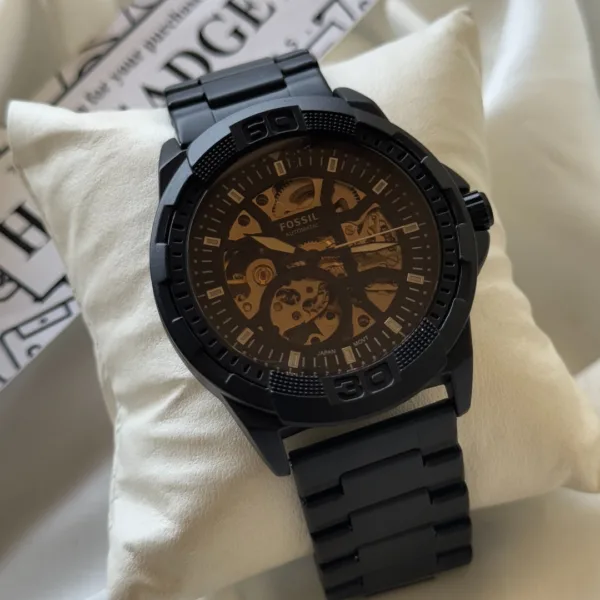 Fossil-Bronson (Automatic Watch) – Black – Gold Skeleton Dial