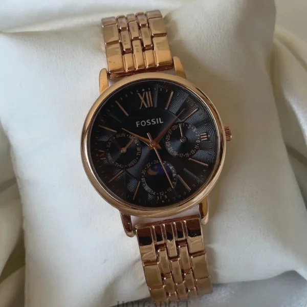 Fossil-ES3121 Jacqueline Sun Moon (Chronograph Watch) – Black Dial / Rose Gold Strap