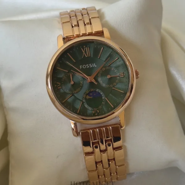 Fossil-ES3121 Jacqueline Sun Moon (Chronograph Watch) – Green Dial / Rose Gold Strap