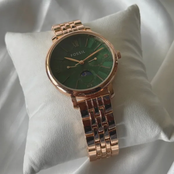 Fossil-ES3121 Jacqueline Sun Moon (Chronograph Watch) – Green Dial / Rose Gold Strap