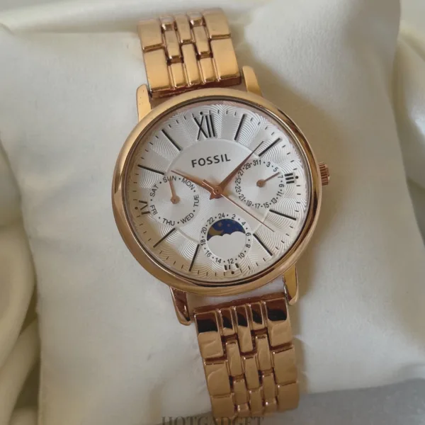 Fossil-ES3121 Jacqueline Sun Moon (Chronograph Watch) – White Dial / Rose Gold Strap