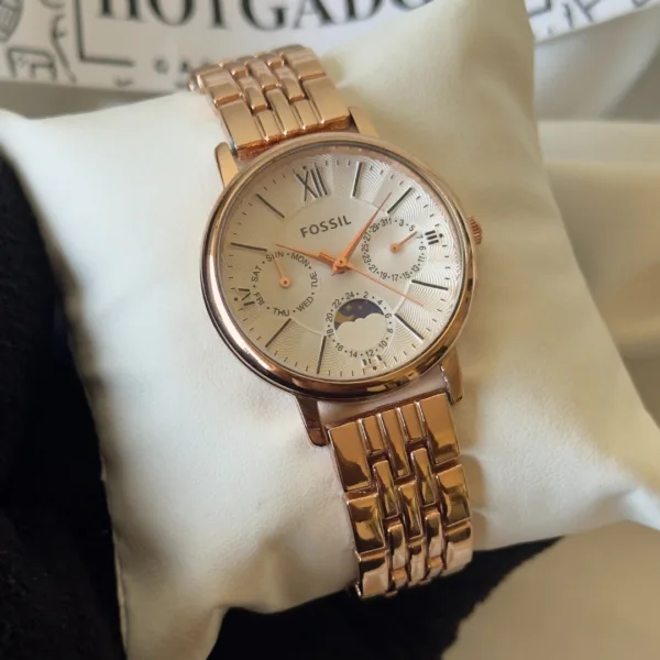 Fossil-ES3121 Jacqueline Sun Moon (Chronograph Watch) – White Dial / Rose Gold Strap