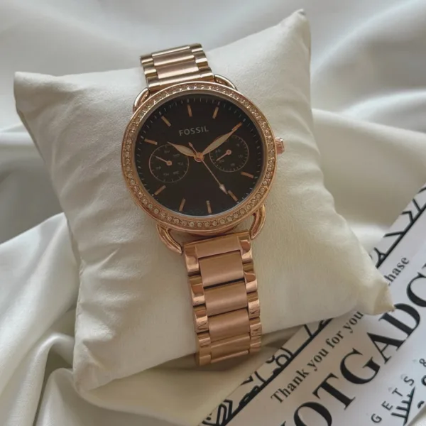 Fossil-ES4264I (Chronograph Watch) – Black Dial / Rose Gold Strap