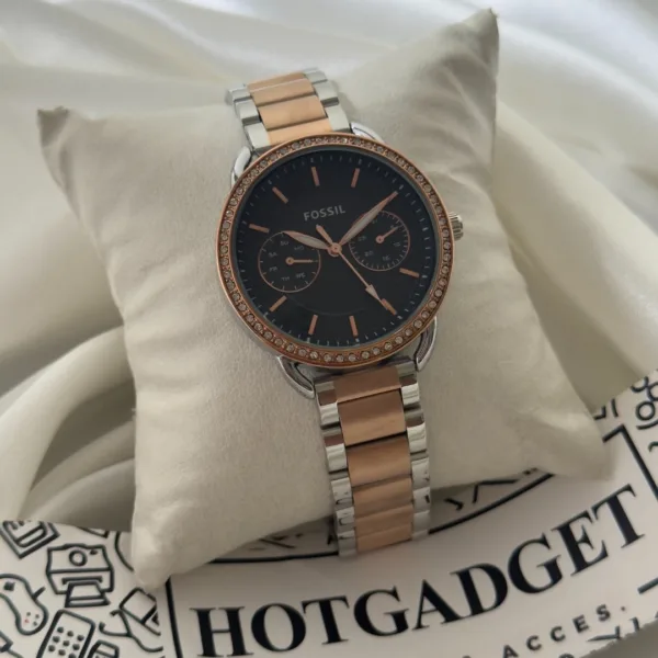 Fossil-ES4264I (Chronograph Watch) – Black Dial / Rose & Silver Strap