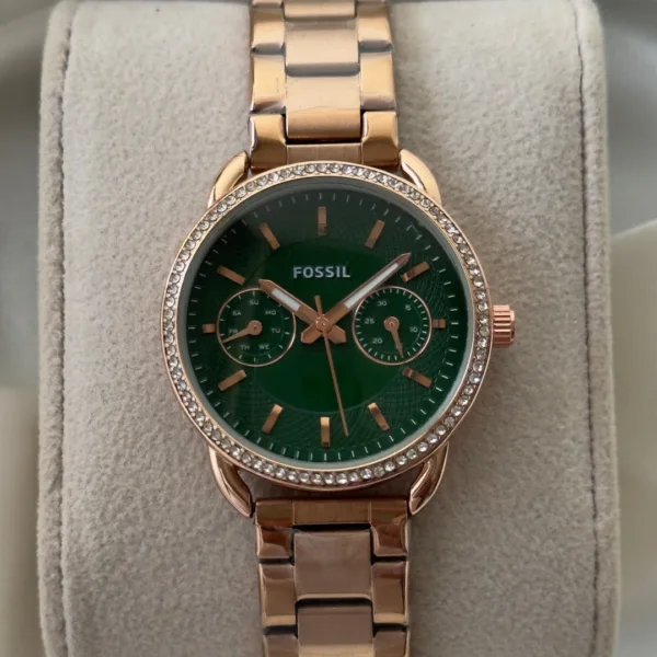 Fossil-ES4264I (Chronograph Watch) – Green Dial / Rose Gold Strap