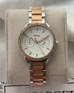 Fossil-ES4264I (Chronograph Watch) – White Dial / Rose & Silver Strap