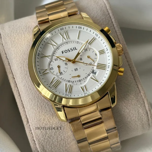 Fossil-FS4815 (Chronograph Watch) – White Dial / Gold Strap
