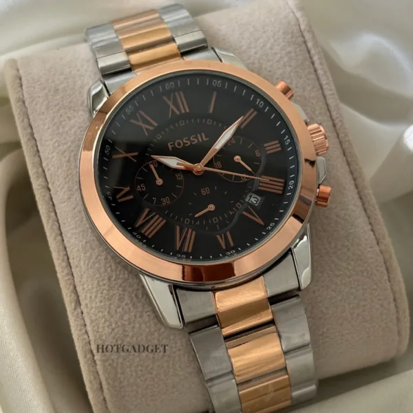 Fossil-FS4832 (Chronograph Watch) – Black Dial / Rose Gold & Silver Strap