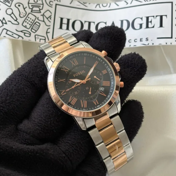 Fossil-FS4832 (Chronograph Watch) – Black Dial / Rose Gold & Silver Strap