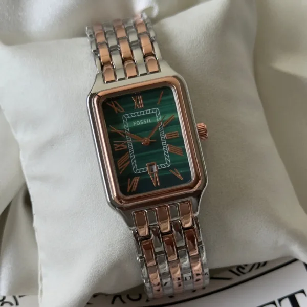 Fossil-Raquel (Analog Watch) – Green Dial / Rose Gold & Silver Strap