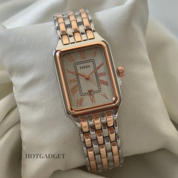 Fossil-Raquel (Analog Watch) – White Dial / Rose Gold & Silver Strap