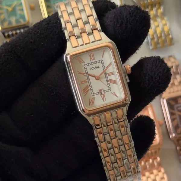 Fossil-Raquel (Analog Watch) – White Dial / Rose Gold & Silver Strap