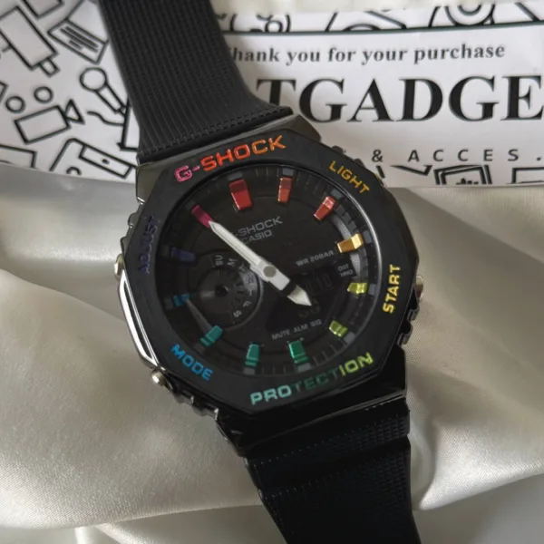GShock-GM-2100 (Analog Digital Watch) – Black Dial / Black Strap – Rainbow Markers