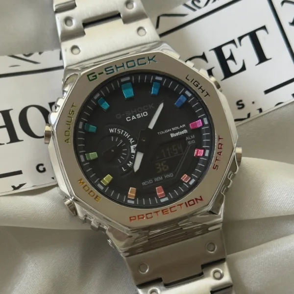 GShock-GMB2100D (Analog Digital Watch) – Black Dial / Silver Strap – Rainbow Markers