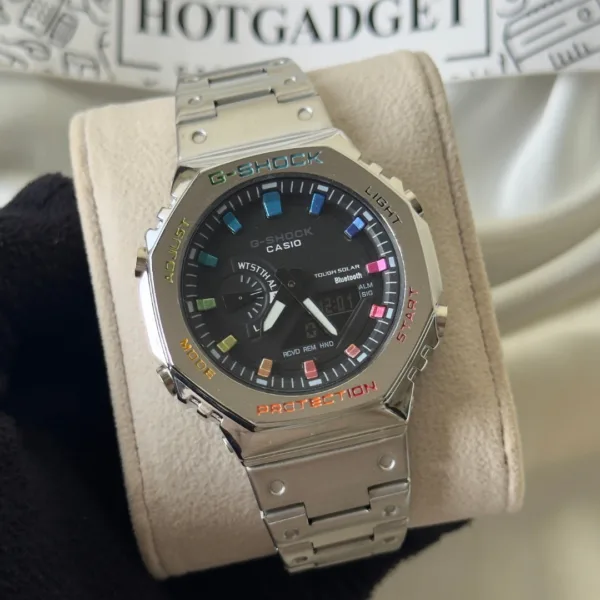 GShock-GMB2100D (Analog Digital Watch) – Black Dial / Silver Strap – Rainbow Markers