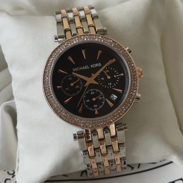 MK Bryant 6357I (Chronograph Watch) – Black Dial / Rose Gold & Silver Strap