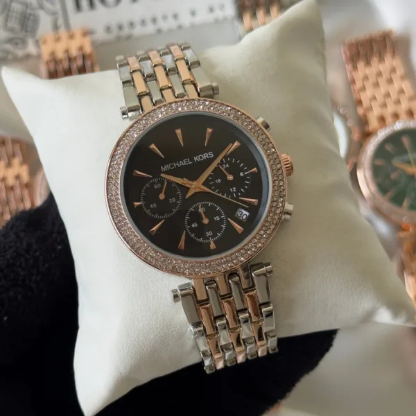 MK Bryant 6357I (Chronograph Watch) – Black Dial / Rose Gold & Silver Strap