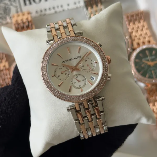 MK Bryant 6357I (Chronograph Watch) – White Dial / Rose Gold & Silver Strap