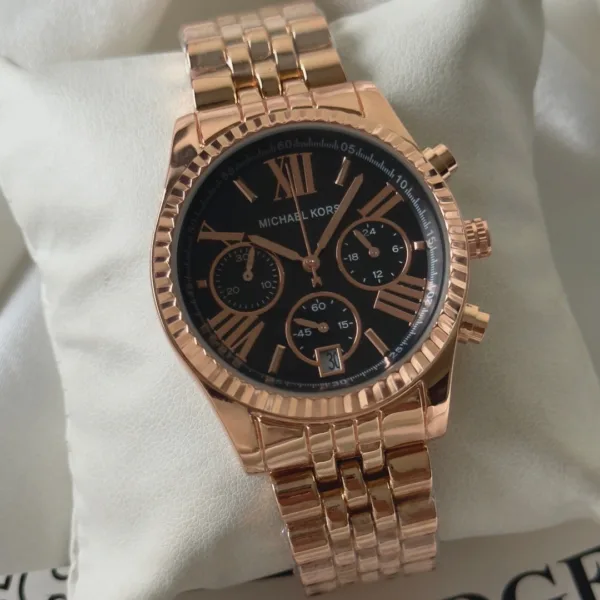 MK Lexington 5735 (Chronograph Watch) – Black Dial / Rose Gold Strap