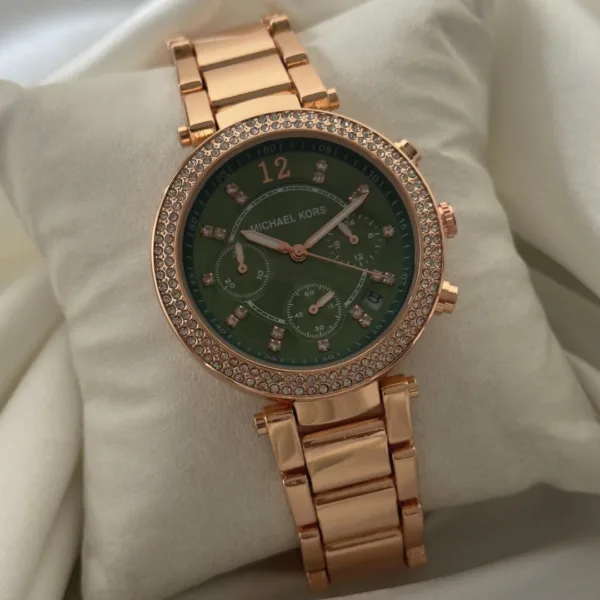 MK Parker 5896 (Chronograph Watch) – Green Dial / Rose Gold Strap