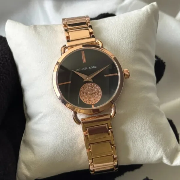 MK Portia 3640 (Chronograph Watch) – Black Dial / Rose Gold Strap